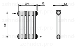 Схема (чертеж) Радиатор Zehnder Charleston 2060/5 №1670 Белый глянцевый RAL 9016